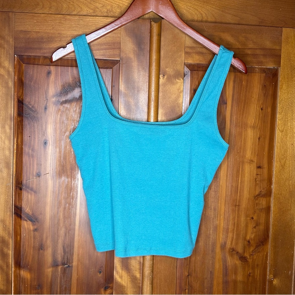Abercrombie & Fitch Turquoise Square Neckline Ribbed Tank Crop Top Stretch